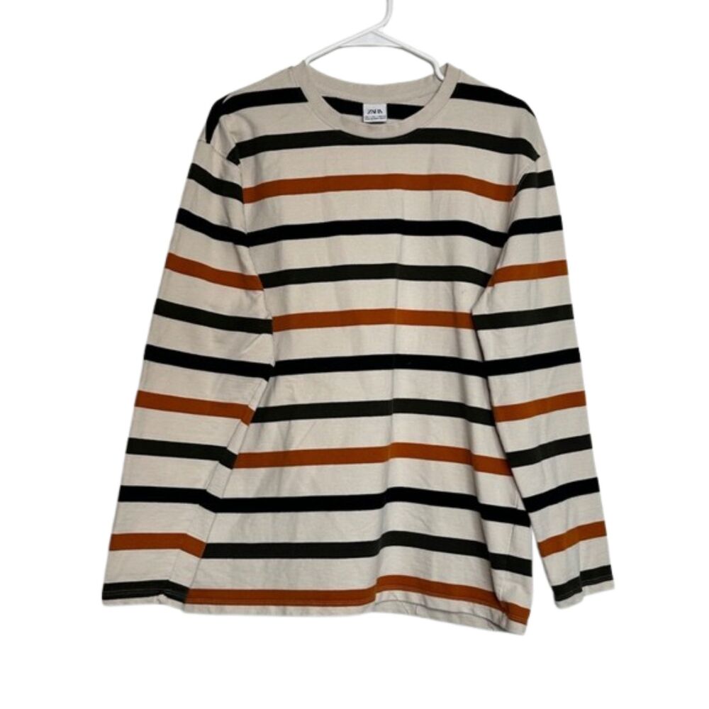 ZARA Men’s Striped Long Sleeve T-Shirt Size Large Cotton Relaxed Crew Neck 90s